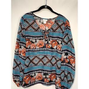 Wet Seal Women's Floral V Neck Tie Balloon Sleeve Blouse Multicolor Size 1X